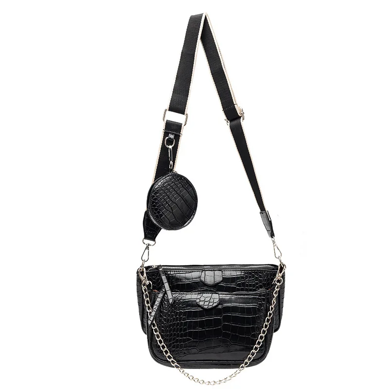

Fashion Chains Alligator Crossbody Bags for Women Designer Wide Strap Shoulder Bags Luxury Pu Leather Messenger Bag 3 Bags Set