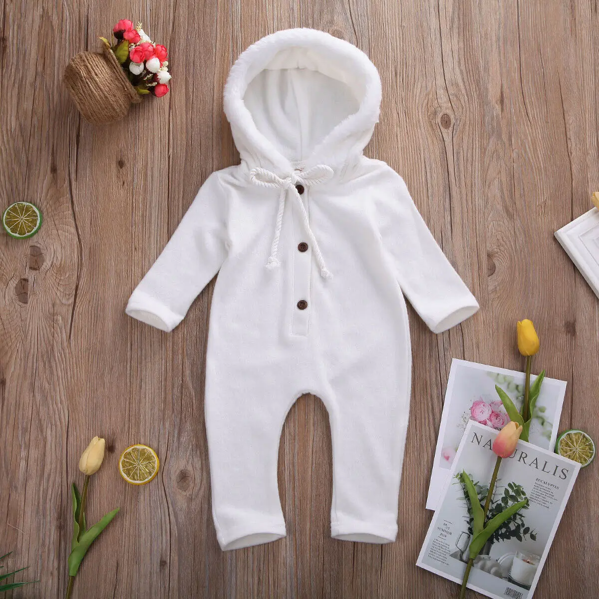 

Newborn Baby Girl Boy Winter Clothes Hooded Romper Jumpsuit Knit Warm Outfits Pure Color One-piece Infant Baby Kid Rompers 0-24M