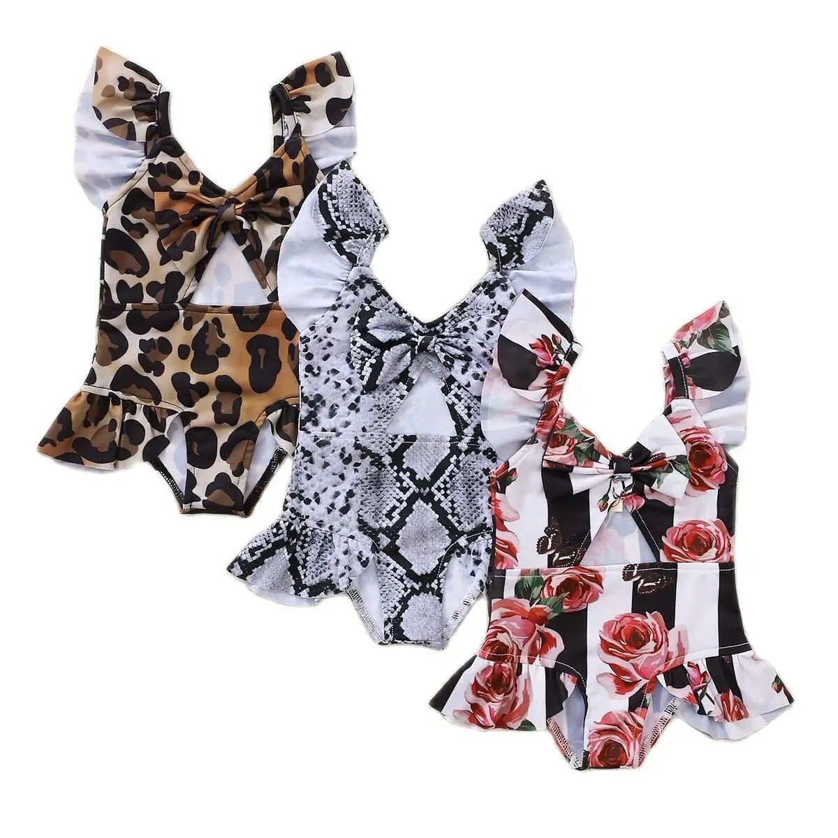 

0-4Y Summer Kids Girls Boys One Piece Swimwear Floral Leopard Snakeskin Print Bowknot Beachwear