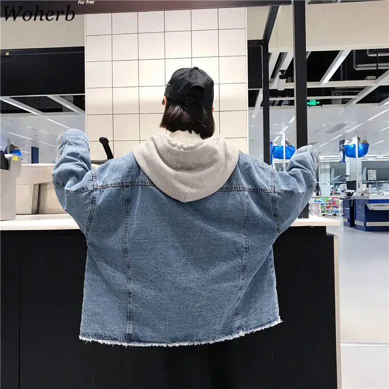Woherb Весна Harajuku джинсовая ткань оверсайз куртка Корейская Свободная с капюшоном