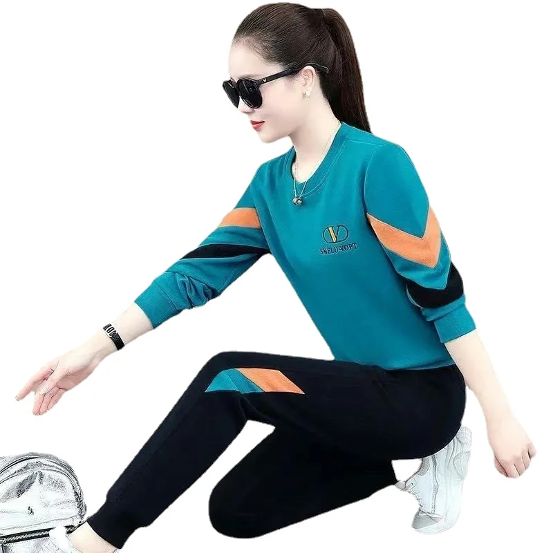 

Sweater suit female spring-autumn new fashion round neck loose casual sportswear two-piece harem pants color matching stitching