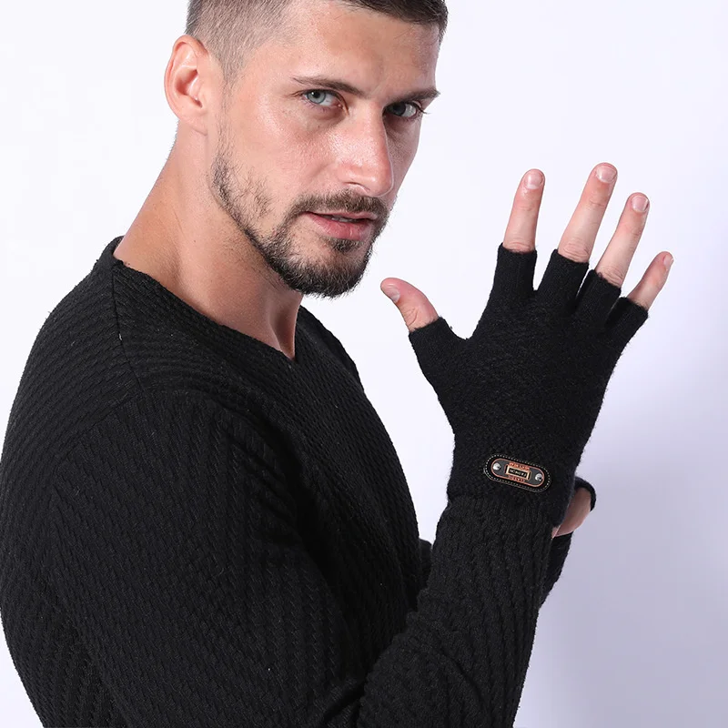 

Fashion Winter Acrylic Wool Plus Plush Thick Jacquard Knit Warm Half Finger Mittens Men Full Finger Touch Screen Gloves