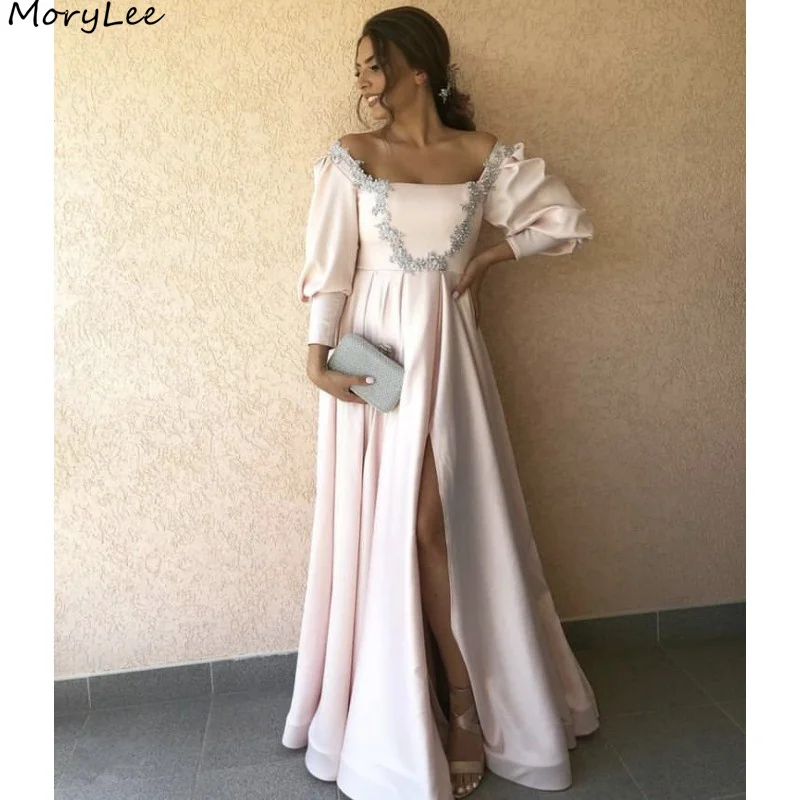 

Crystal Prom Dresses Scoop Long Sleeves Silk Satin Side Slit A-Line Floor Length Prom Dresses vestidos de fiesta de noche