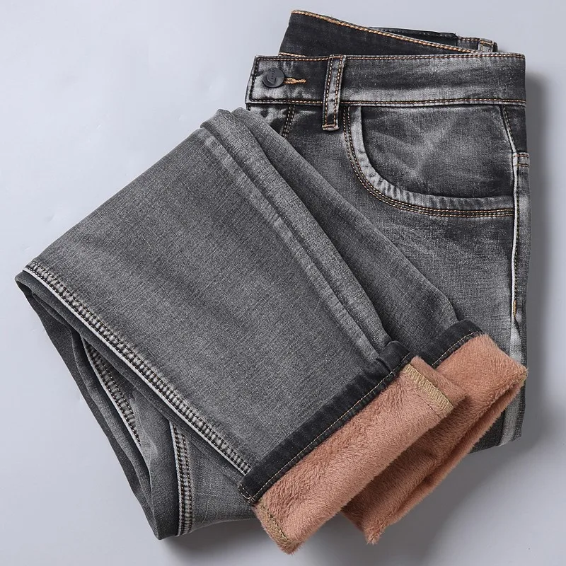 

2021 High Quality Winter Warm Fleece Men's Jeans Thick Stretch Denim Jeans Skinny Fit Casual Trousers Cotton Pants Men