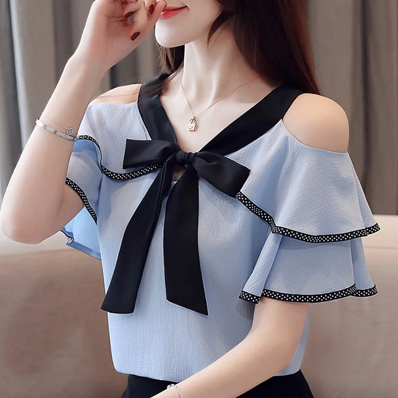 

Blusas Mujer De Moda 2021 Sexy Off Shoulder Top Bow V-neck Chiffon Blouse Shirt Short Sleeve Blouse Women Summer Tops Female