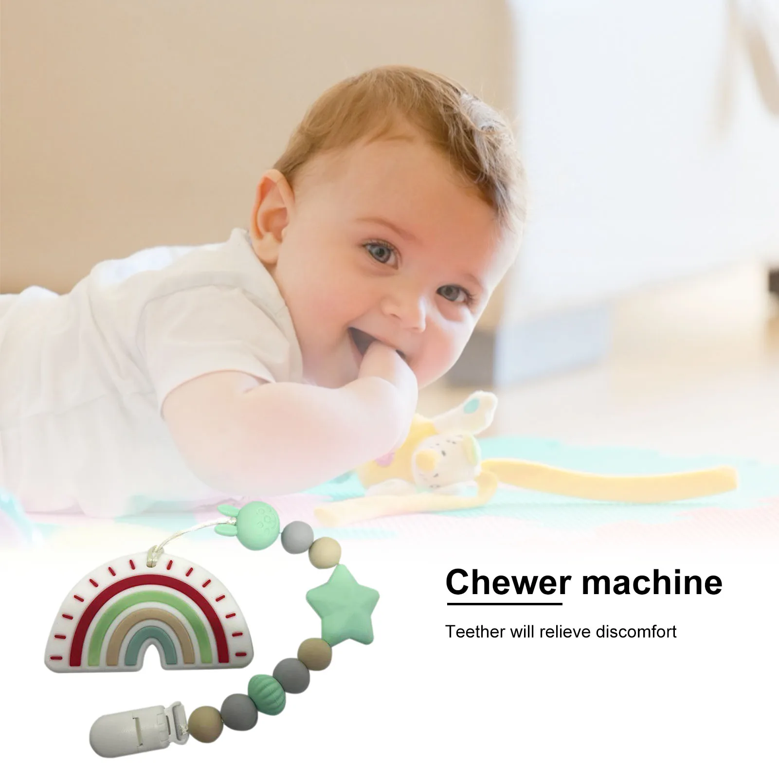 

Rainbow Teether & Silicone Beads Pacifier Holder Clip Strap Baby Gift Cartoon Animal Baby Molar Food-grade Silicone Toy