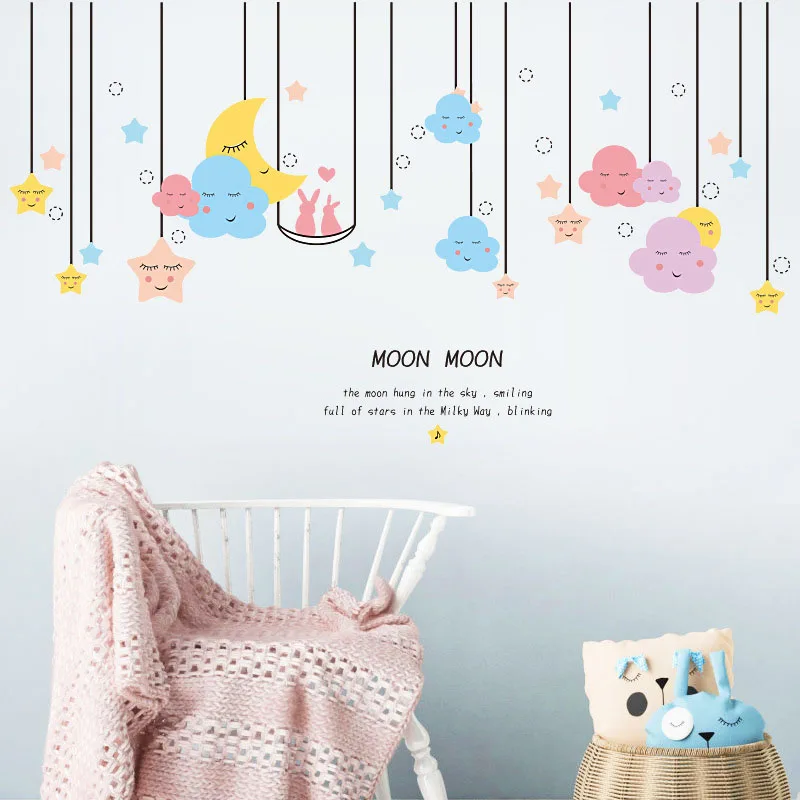 

Hanging Moon Stars Sticker for Kids Room Cartoon Wallpaper Mural Children Wardrobe Stickers Poster Home Decoration Wall Decor
