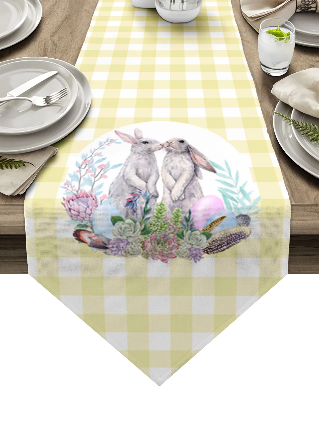 

Easter Table Runner Easter Plaid Yellow Bunny Succulents Table Runner Holiday Party Tablecloth Dinning Table Decoration