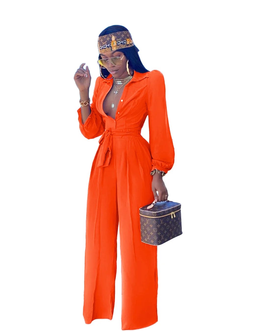 

Women Long Sleeve Button Up With Sashes Straight Office Lady Jumpsuit Streetwear Sexy Club One Piece Casual Overall Rompers