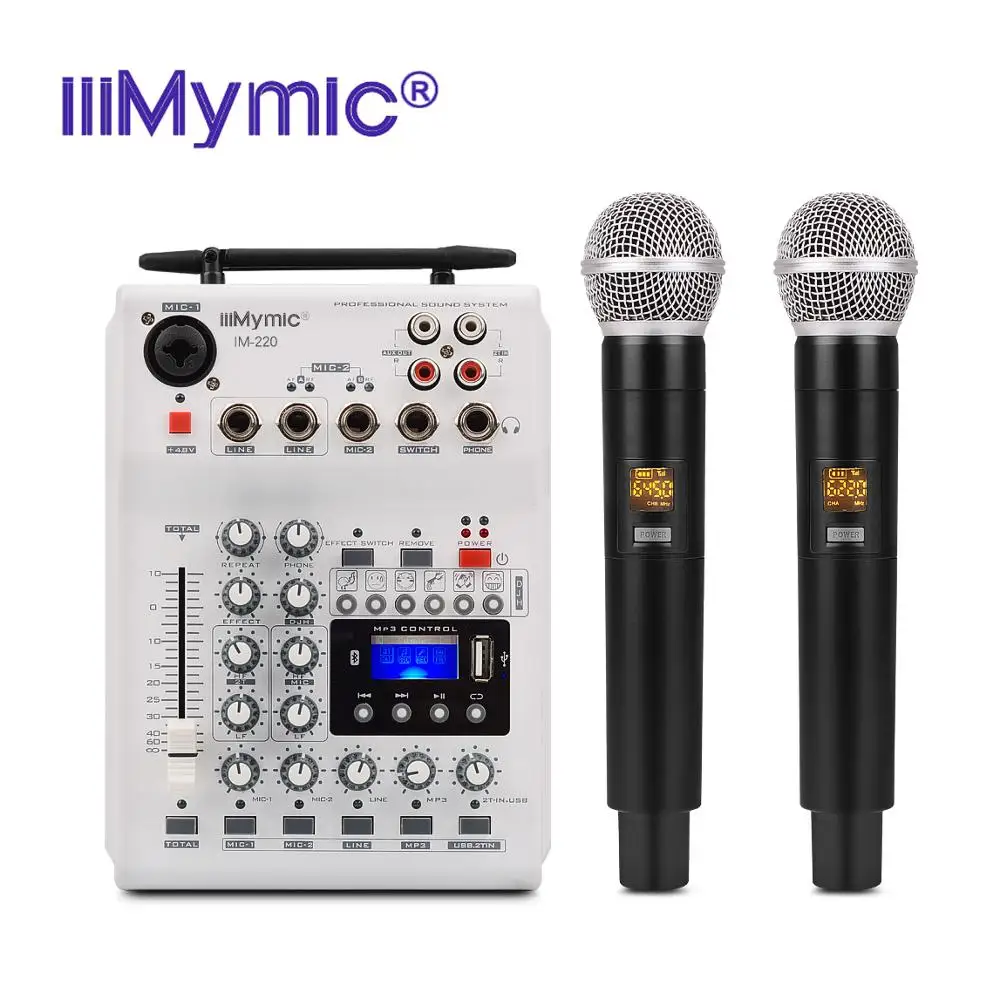 

iiiMymic Audio DJ Mixer Microphone Mono USB AUX Input 2 Channel Handheld UHF Wireless Mic 48V Phantom Power For KTV Church