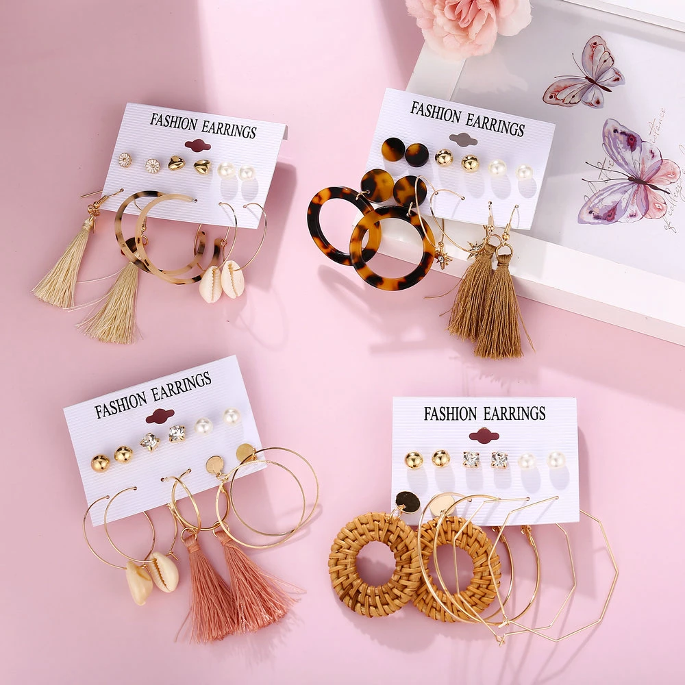 Женские акриловые серьги с кисточками набор серег в богемном стиле большие