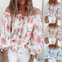 women long sleeve off shoulder floral print summer causal lace up blouse tops shirts female blouses sexy casual blouse for women