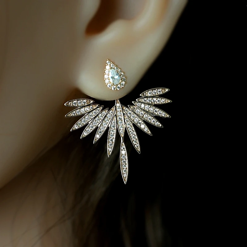 

Luxury Angels Wings Stud Earrings For Women Full Mirco Paved Zircon Gold/Silver Color Water Drop Wedding Party Fashion Jewelry