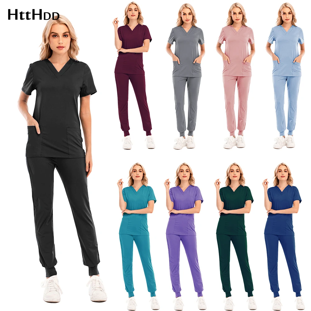 

New Quality Medical Uniform Nursing Uniform Pet Grooming Institution Scrubs Set Spa Uniforms Unisex V-Neck Work Tops Pants Set