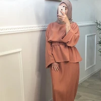 2021 new muslim dress fresh and strappy middle eastern dress set long sleeved top pleated skirt abaya set musulman ensembles