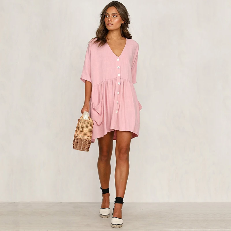 

Autumn Women Summer Boho V-Neck Dress Short Sleeves Party Beach Summer Dress Large Sizes Solid Design Women Ladies Vestidos