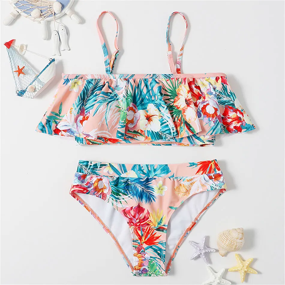 

Off Shoulder Girl Swimsuit Kids 7-14 Years Two Piece Children's Swimwear Falbala Girl Bikini Set Padded Girls Bathing Suit 2021