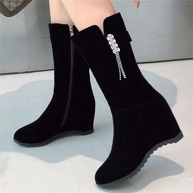 

New Fall Winter Rhinestone Flock Women Ankle Boots Increas Thick Bottom Fashion Mid Tube Ladies Shoes Botines Mujer Size 33-44