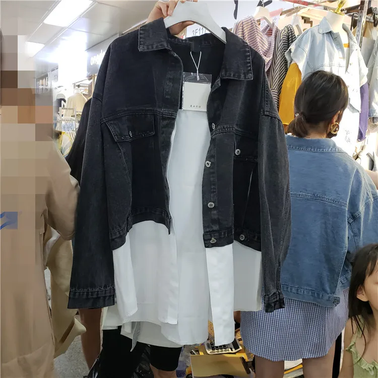 Harajuku BF Стиль Женский поддельный из двух частей Свободная джинсовая куртка белая