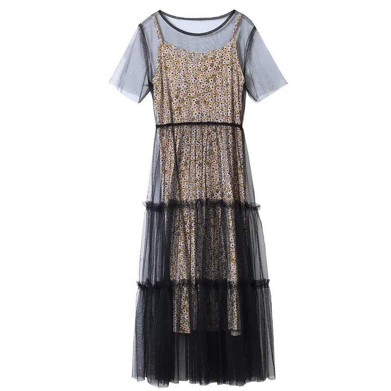 

Прозрачный Элегантное летнее платье с цветочным принтом платье для женщин черного цвета, комплект из 2 предметов женское платье-трапеция дл...