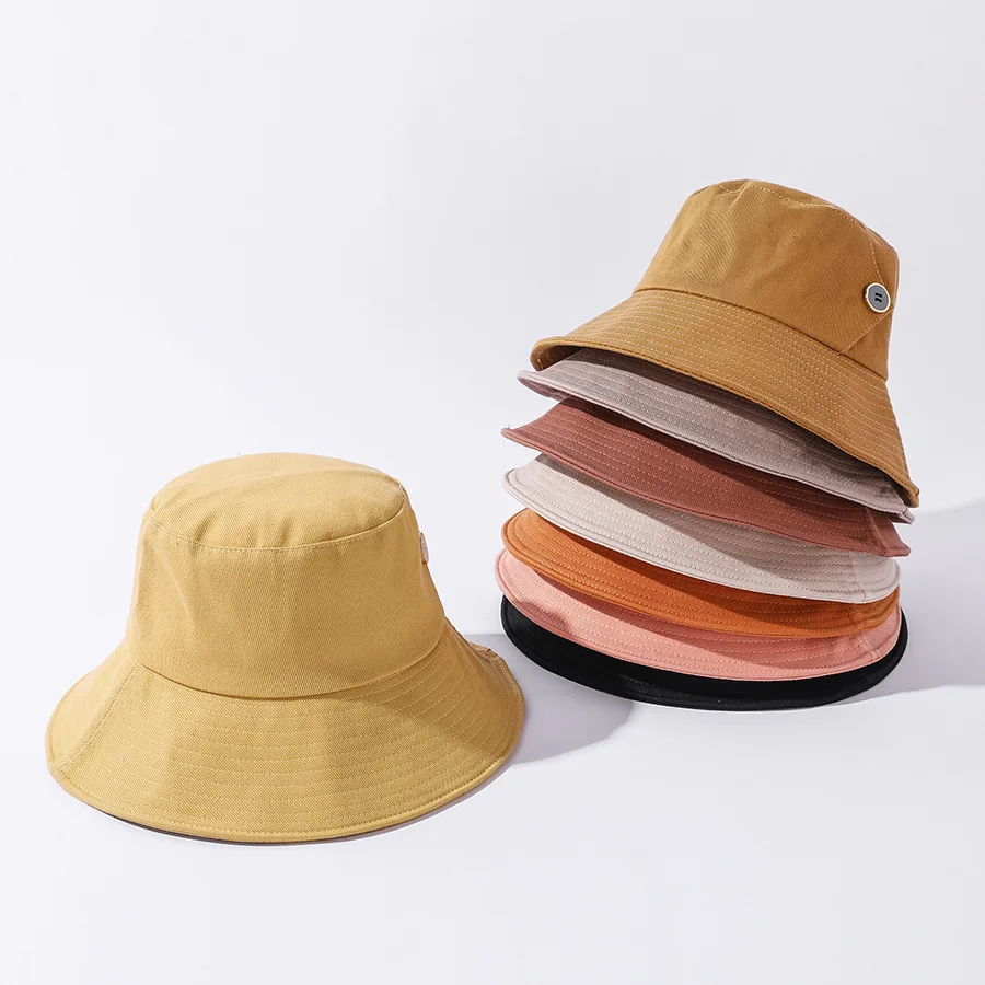 

COKK Bucket Hat Women Sun Visor Solid Color Big Brim Leisure Outdoor Fisherman Cap With Button Cotton Korean 2021 New
