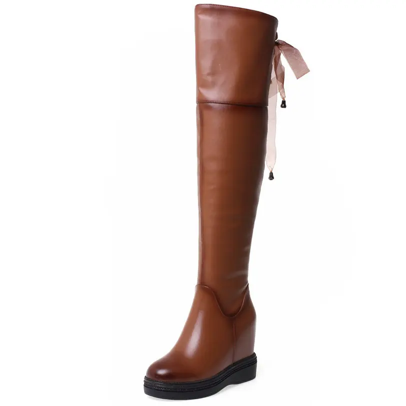 

Thigh High Fashion Sneakers Women Genuine Leather Wedges High Heel Over The Knee High Boots Female Round Toe Platform Pumps Shoe