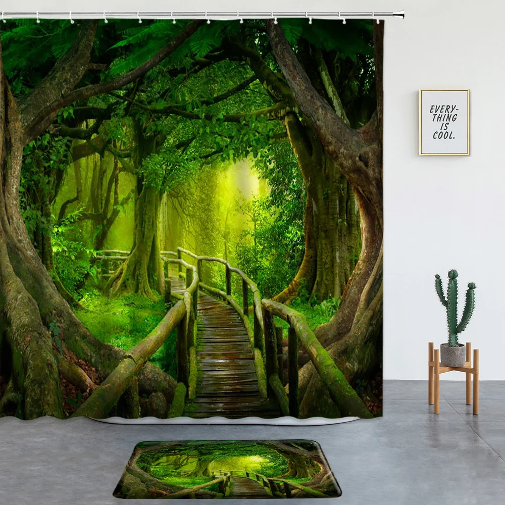 

2 Pcs Dream Forest Landscape Shower Curtains Set Bath Mat Wooden Bridge Tropical Jungle Scenery Bathroom Decoration Non-slip Rug