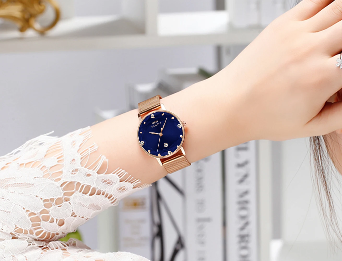 OLMECA женские часы синий простой маленький циферблат бриллианты Миланская сетка ремешок модные повседневные модельные кварцевые наручные часы