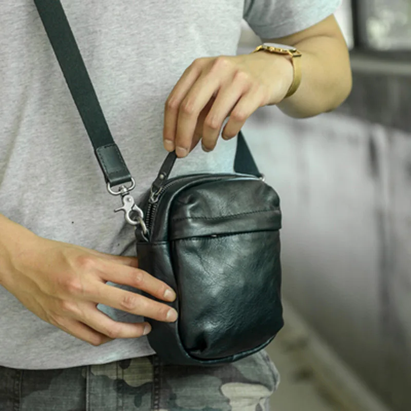 Leather men's retro diagonal mini shoulder bag cowhide summer small bag trend  new trendy messenger bag