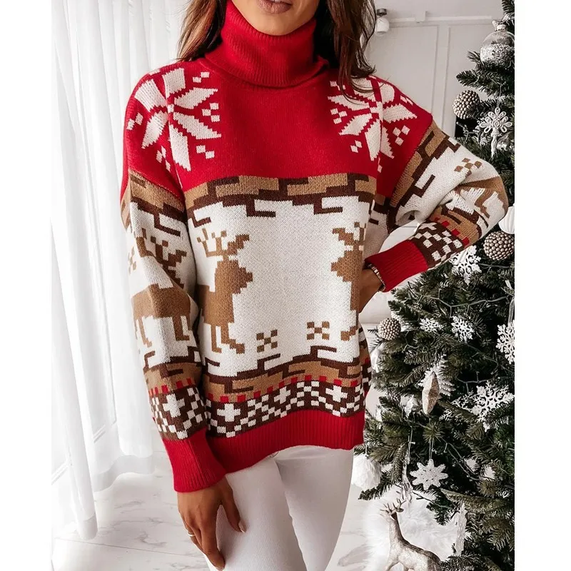 

Oversized Super Fire Red Snowflake Sweater Tide Lazy Ugly Christmas Thick Turtleneck Women Jumper Pullover Sweaters Tops
