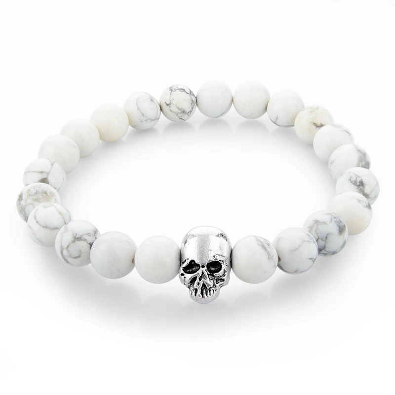 

MELIHE Handmade White Natural Stone Charm Bracelets For Women Men Silver Color Skull Bracelet Femme Jewelry Bracelets SBR150265