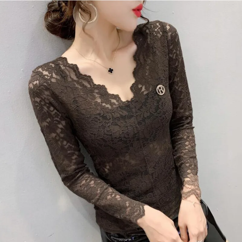 

#5720 Sexy Lace T Shirt Women Deep V Neck See Through T Shirt For Women Hollow Out Tight Top Basic T-shirt Female Korean Fashion