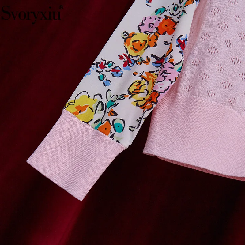 

Svoryxiu 2021 New Fashion Runway Spring Summer Pink Knitting Cardigan Women's Long Sleeve Silk Flower Print Thin Sweater Coat
