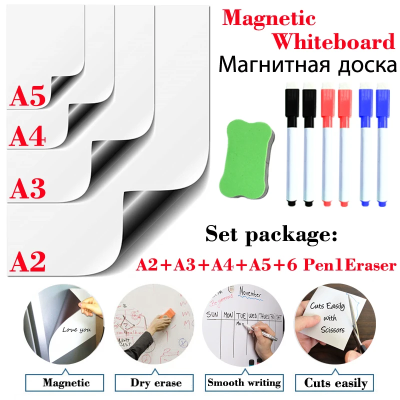 

4 Pcs Teaching Stationery Magnetic Whiteboard Dry Erase White Board Office Kitchen Fridge Sticker Kids Drawing Message Board