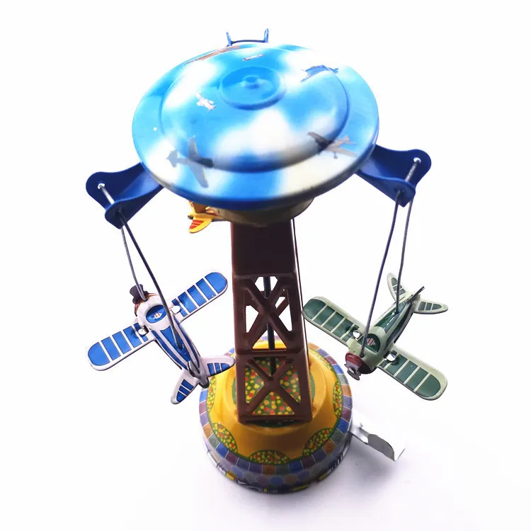 

[Funny] Adult Collection Retro Wind up toy Metal Tin Amusement park Rotating plane Mechanical Clockwork toy figures kids gift