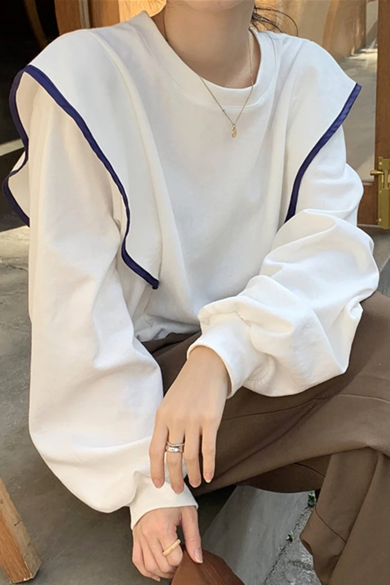

2021 Spring Sweet Simple Loose Tops Women White Loose Round Neck Lantern Long Sleeve Pullover Casual T-shirt
