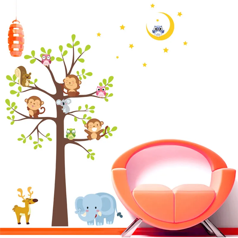 

Милые наклейки на стену в виде обезьяны, совы, животных, большого дерева, для детской комнаты, детского сада, украшение для дома, мультяшное с...