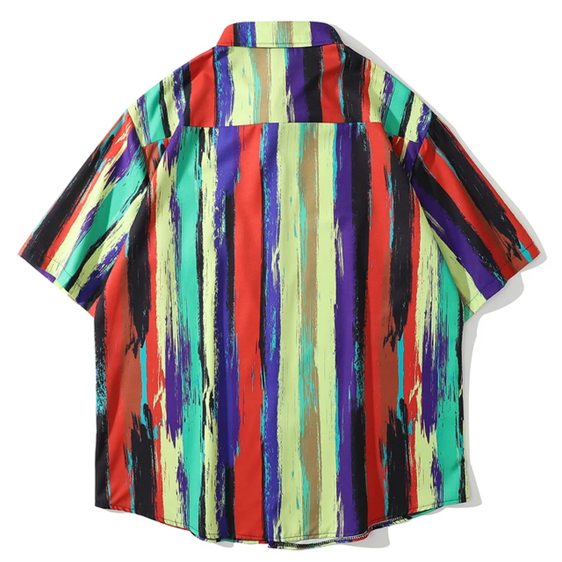 

Men Harajuku Tie Dye Stripe Print Shirt Blouse Unisex Oversize Short Sleeve 2021 Summer Hawaiian Holiday Beach Loose Shirts Tops