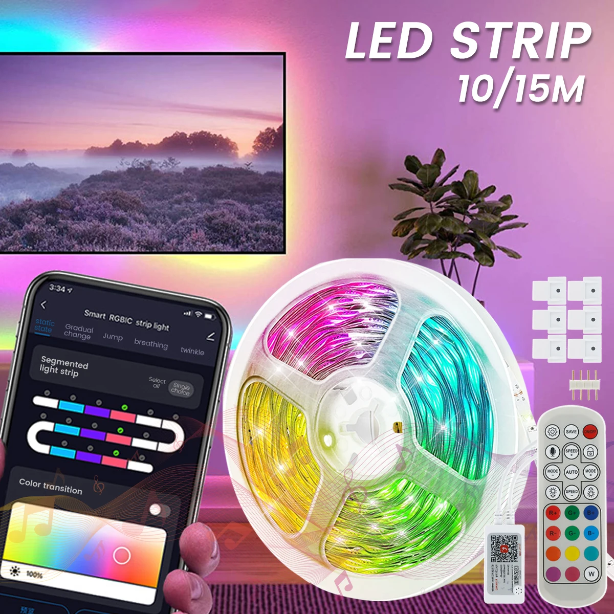 

LED Strip Light Bluetooth RGB 64 Scene Modes 16 Million Colors Remote Control Tape lamp with App Control Music Sync