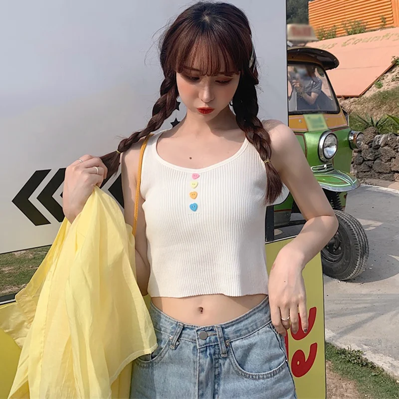 

Summer Sleeveless Knitted Women Tank Top Sexy Bandeau Female Wrapped Crop Top Button Casual T-shirt Girl Lady Vest Preppy Style