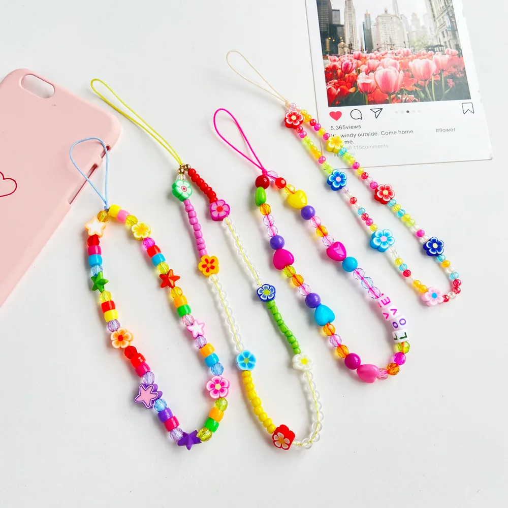 

Ethnic Style Resin Fruit Flower Heart Star Beaded Color Soft Ceramic Mobile Phone Lanyard Wristband Mobile Phone Chain Key Chain