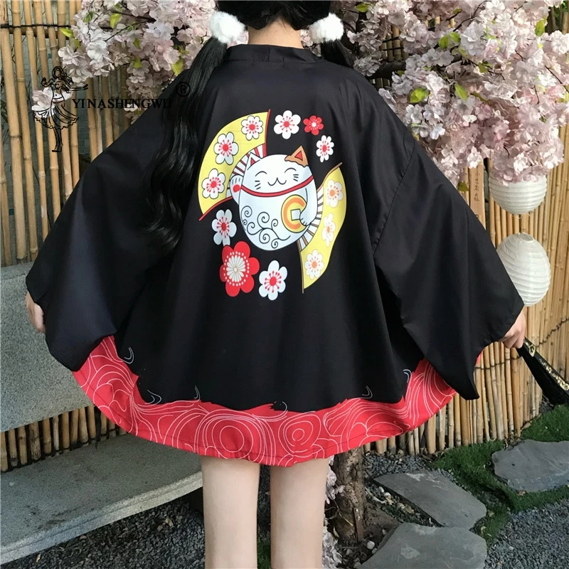 

Lucky кимоно для кошек Yukata Япония уличная одежда кардиган Harajuku халат японская одежда летняя мужская женская черная белая пляжная Куртка Топы