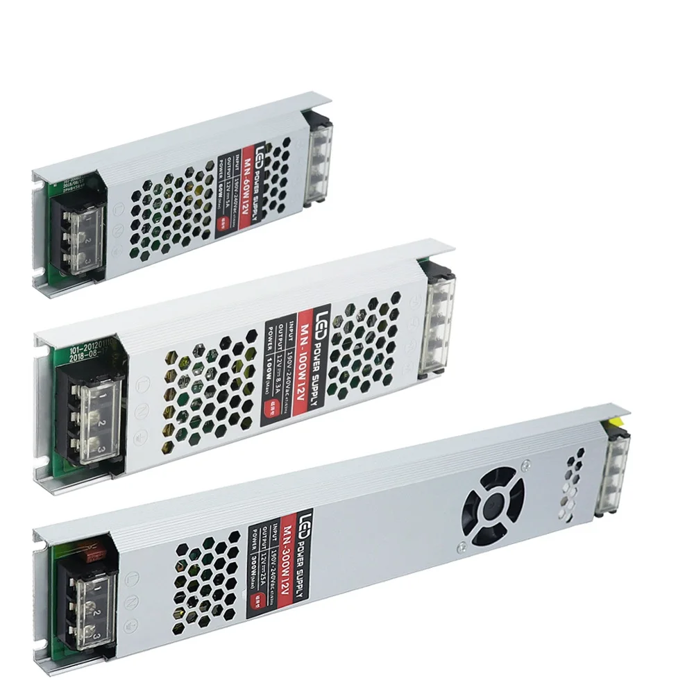 Ультра тонкий светодиодный Питание DC12V трансформаторы систем освещения 60W 100W 150W 200W 300W AC190-240V драйвер для Светодиодный полоски