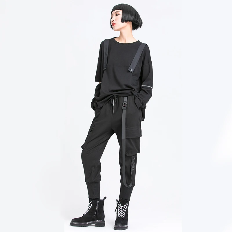 

[EAM] High Elastic Waist Black Pocket Ribbon Long Harem Pants New Loose Fit Pants Women Fashion Tide Spring Autumn 2021 1DD6056