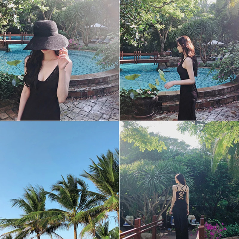 

Women Big Brim Sun Hat Big Bow Knot Empty Top Beach Cap Handmade Knitted Hollow Multifunctional Breathable Cool Ladies Hat