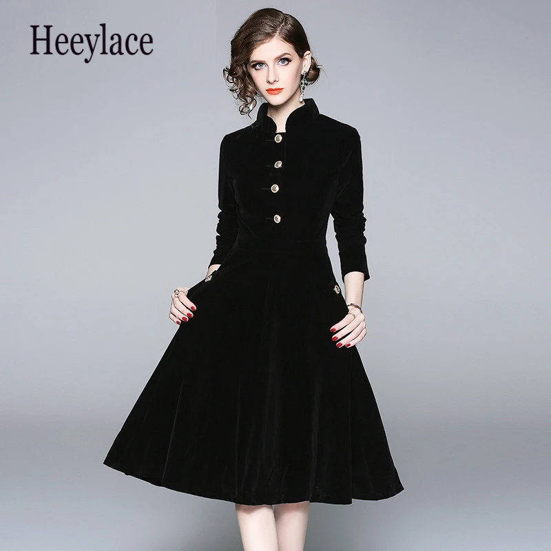 Плюс размер черное бархатное платье 2019 зимняя одежда женские винтажные с