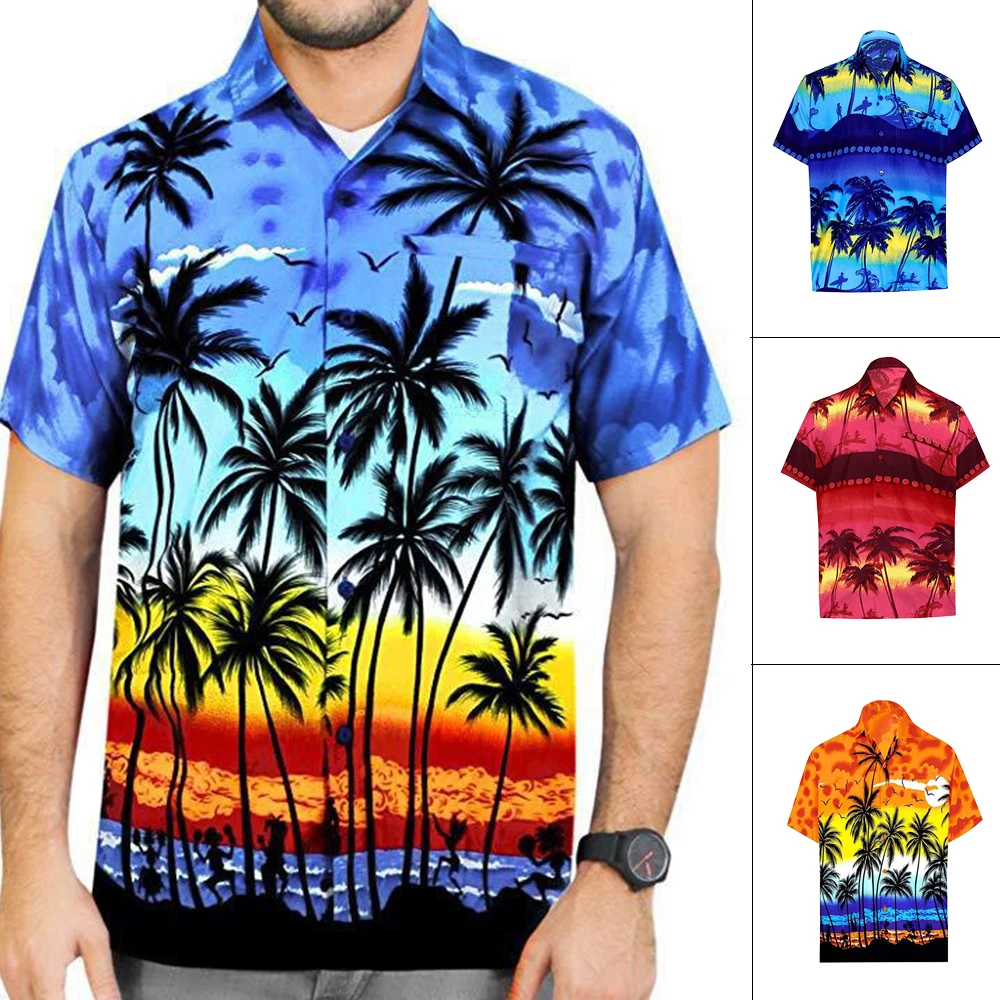 

Hawaii 3D Beach Print Short-sleeved Shirt Men's Thin Fake Pocket Summer Casual Single-breasted Shirt Beach Wear Holiday Clothing