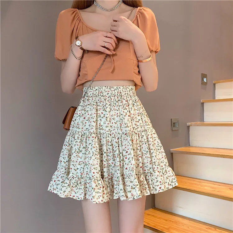 

Retro floral female Korean style ruffled sweet elastic waist A-line skirt