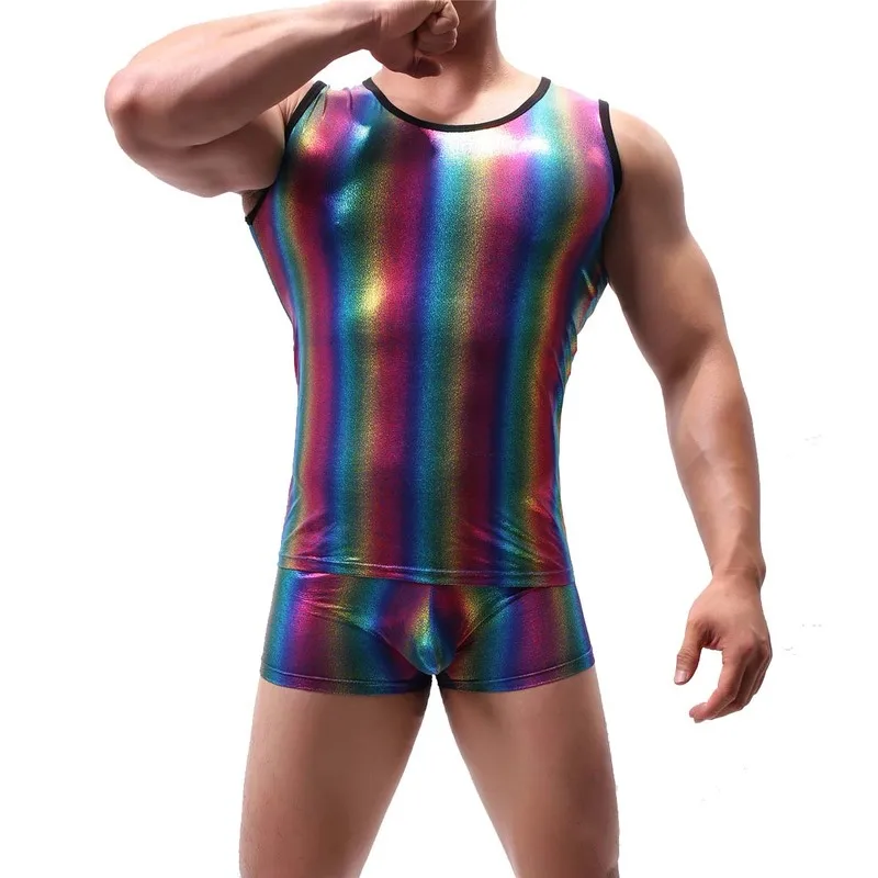 В радужную полоску мужские майки из искусственной кожи латексные футболки без