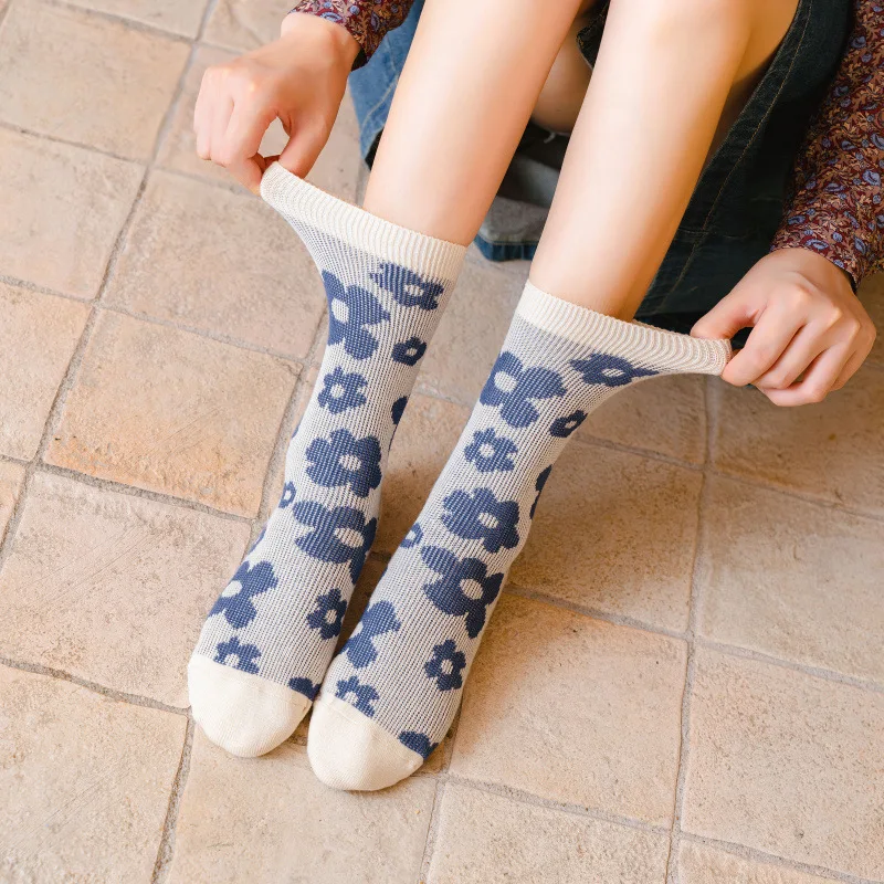 Women Socks Autumn Winter New Socks Fashion Lattice,Lingge,Floral,Blue Starry Sky Cotton Knit Preppy Style Casual Student Socks